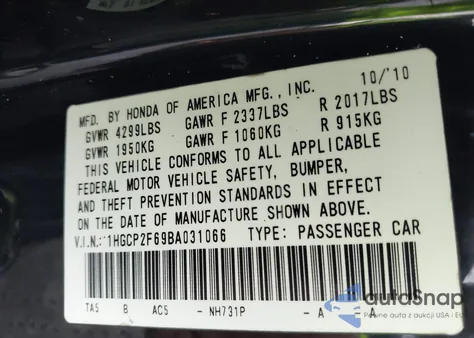2011 Honda Accord 2.4 Se from USA, damaged, VIN 1HGCP2F69BA031066